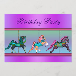 Convites Festa de Aniversário com Carrossel Rosa e Roxo de 
