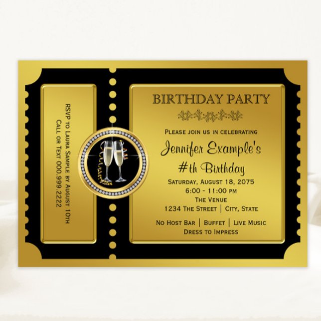 Convites Festa de Aniversário com Champanhe e Bilhete Doura (All text can be changed. Any occasion elegant black and gold ticket style invitation.)