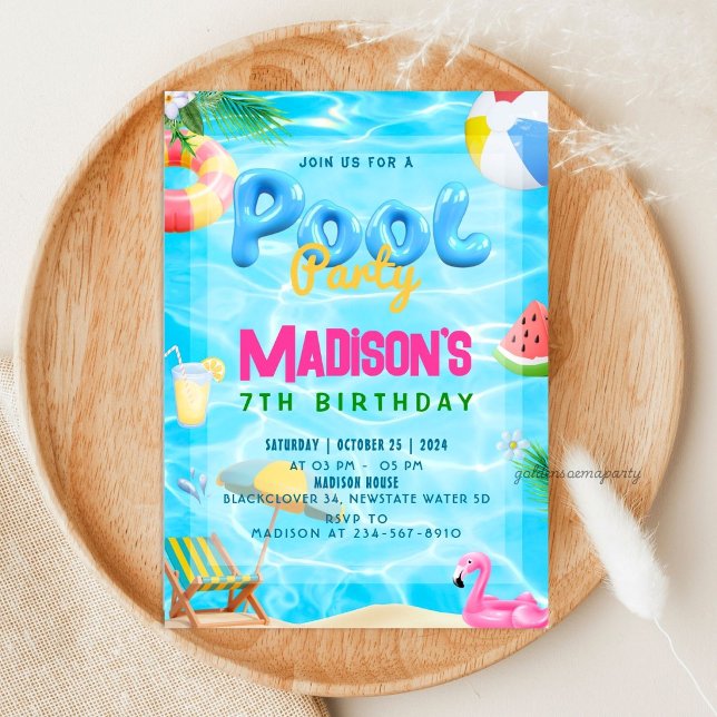 Convites Festa de Aniversário com Chuveirinho na Piscina (Pool Party Water Splash Birthday Party Invitation)