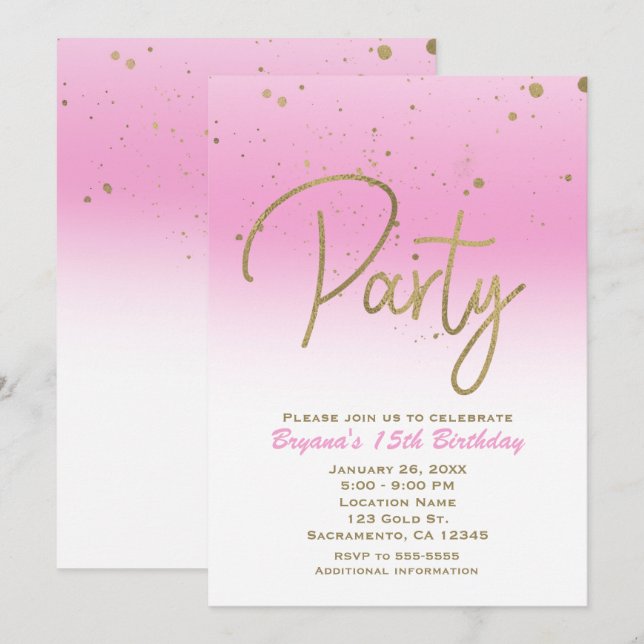 Convites Festa de Aniversário com Confetes Pink & Gold Mode (Frente/Verso)