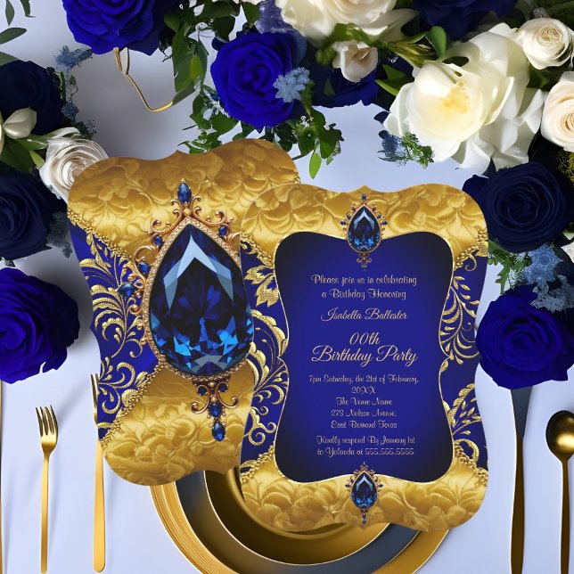 Convites Festa de Aniversário com Damasco Dourado Azul Real (Criador carregado)