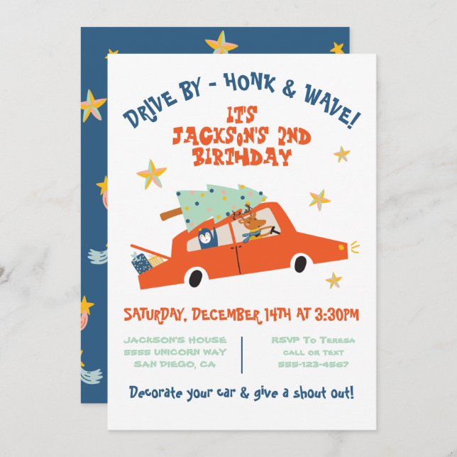 Convites Festa de Aniversário com Desfile de Carro de Natal (Frente/Verso)