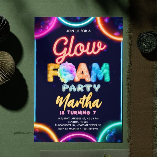Convites Festa de Aniversário com Espuma Neon Glow - Bolhas (Neon Glow Foam Party Birthday - Color Bubbles Glow Invitation
)