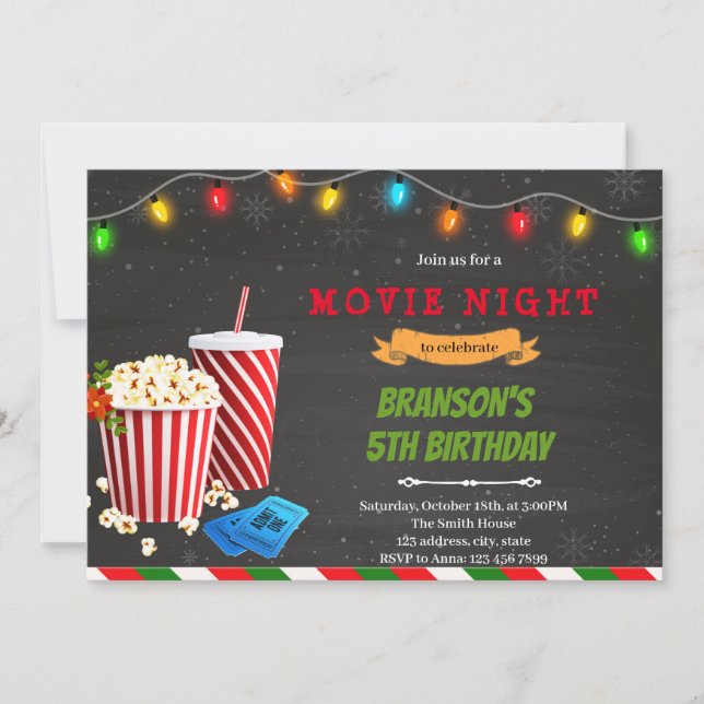 Convites Festa de aniversário com filme de Natal à noite (Frente)