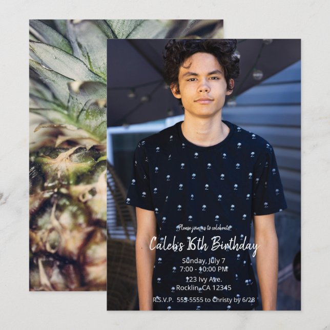 Convites Festa de Aniversário com Foto Moderna de Abacaxi T (Frente/Verso)