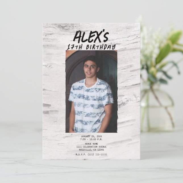 Convites Festa de Aniversário com Foto Tendência Bétula Bra (Em pé/Frente)