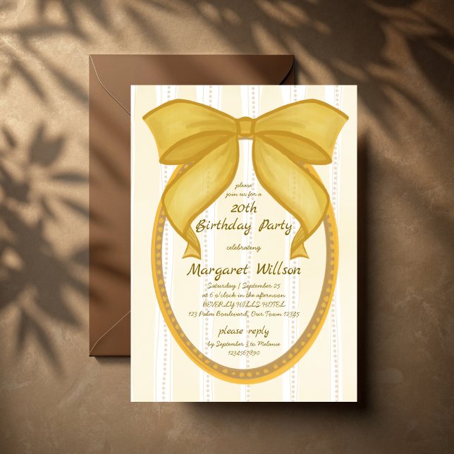 Convites Festa de aniversário com laço de listras retrô coq (Yellow coquette retro stripes hand drawn preppy bow birthday party invitation cards template)
