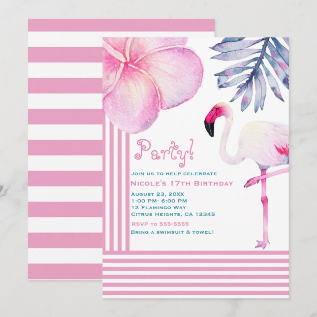 Convites Festa de Aniversário com Listras Rosa e Branco de  (Frente/Verso)