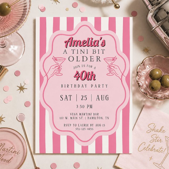 Convites Festa de Aniversário com Martini de Listra Rosa Re (Retro Pink Stripe Martini Birthday Party Invitation)