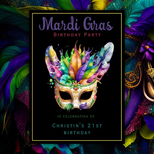 Convites Festa de Aniversário com Máscaras de Mardi Gras Bl (Criador carregado)