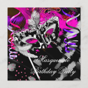 Convites Festa de Aniversário com Máscaras Preto Prata Rosa