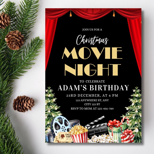 Convites Festa de Aniversário com Noite de Filmes de Natal  (Criador carregado)