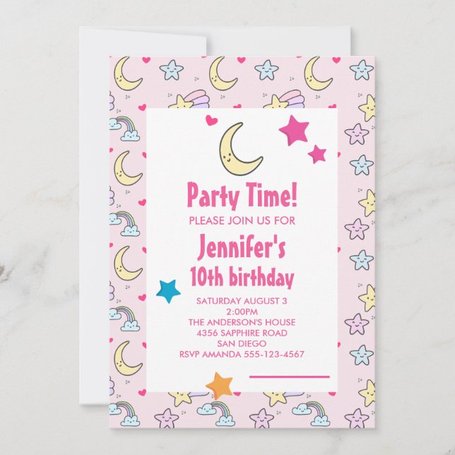 Convites Festa de Aniversário com Padrão de Lua, Estrelas e (Frente)