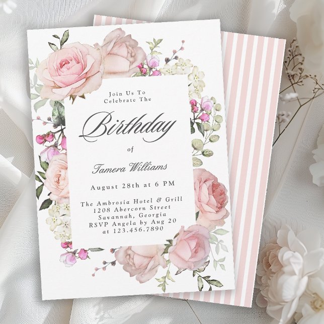 Convites Festa de Aniversário com Rosas Pink Femininas e Ca (Invitation may be ordered in printed and instant download digital formats.)