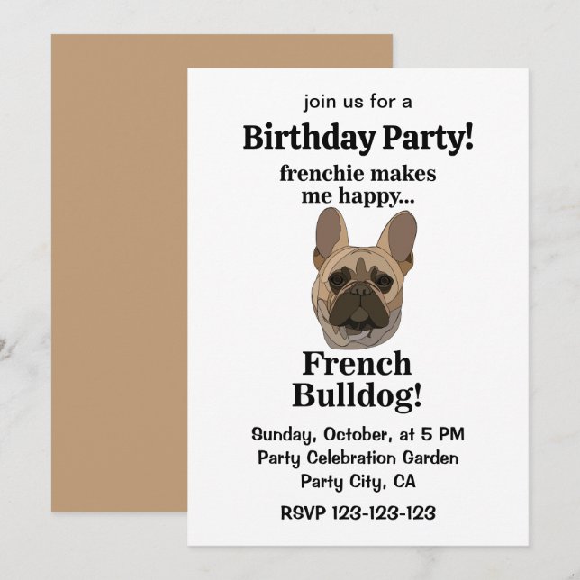 Convites Festa de Aniversário com Rosto de Bulldog Francês (Frente/Verso)