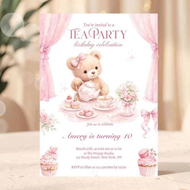 Convites Festa de Aniversário com Tema de Chá da Ursa Teddy (tea party invitation, teddy bear birthday, pink birthday invite, girl tea party, floral birthday inv)