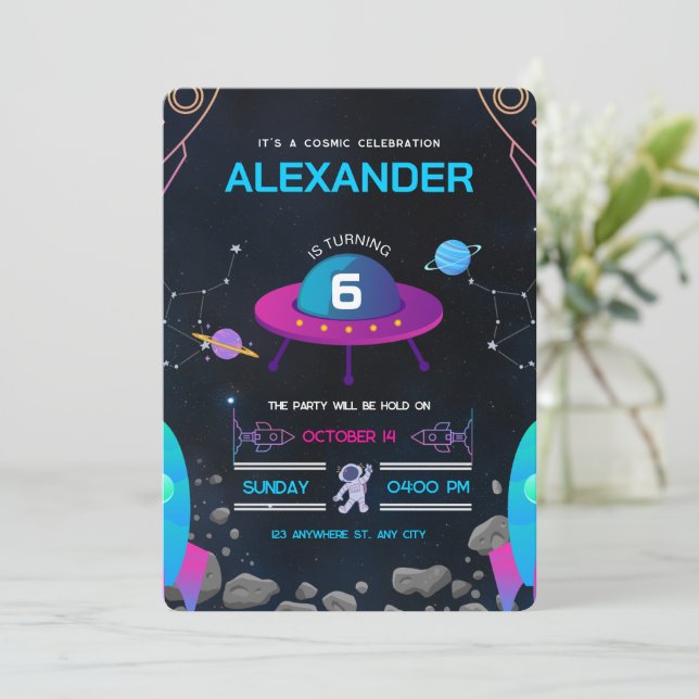 Convites Festa de Aniversário com Tema Espacial Rosa e Pret (Em pé/Frente)