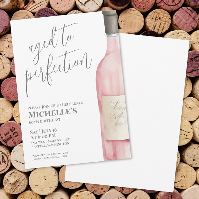 Convites Festa de Aniversário com Vinho Rosé Envelhecido à  (Wine Simple Sixty 60th Birthday Party Invitation)