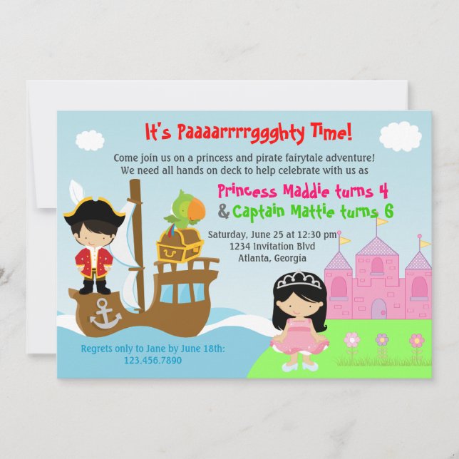 Convites Festa de aniversário comum dos gêmeos da princesa (Frente)