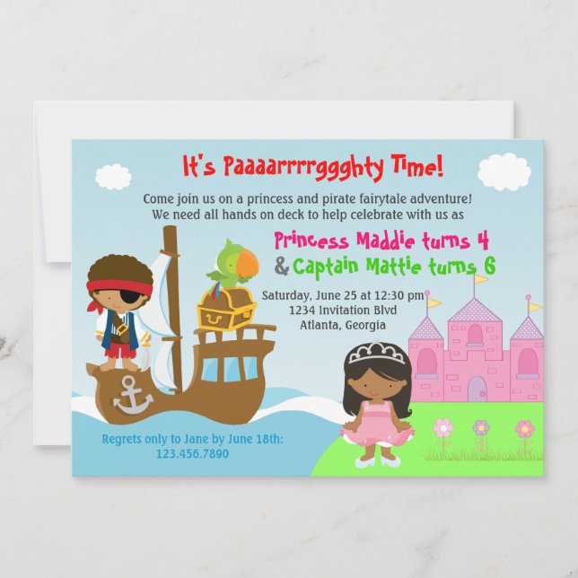 Convites Festa de aniversário comum dos gêmeos da princesa (Frente)