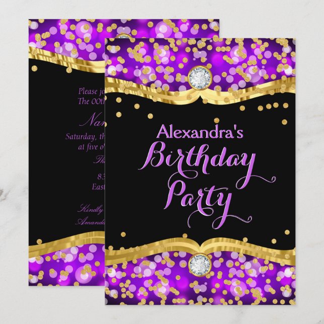 Convites Festa de Aniversário Confetes Preto Dourado Roxo B (Frente/Verso)