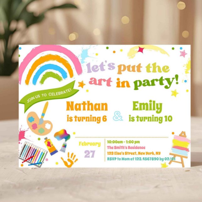 Convites Festa de Aniversário Conjunta dos Irmãos de Arte C (art party invitation, paint party invite, rainbow birthday invite, kids art birthday, joint birthday)