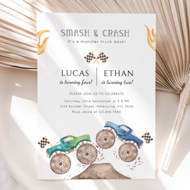 Convites Festa de aniversário Conjunta Monster Truck Siblin (Criador carregado)