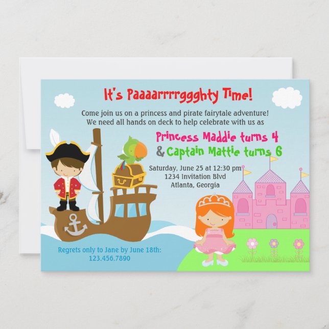 Convites Festa de aniversário conjunta Princesa e Gêmeos Pi (Frente)