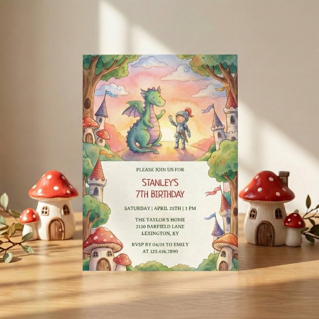 Convites Festa de Aniversário Conto de Fadas Cavaleiro Drag (Watercolor Knight Dragon Fairytale Birthday Party Invitation)