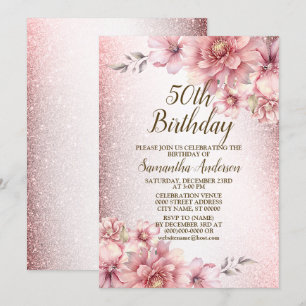 Convites Festa de aniversário Cor de Água Rosa Flores Brilh