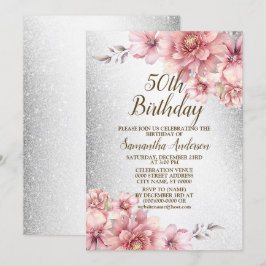 Convites Festa de aniversário Cor de Água Rosa Flores Brilh