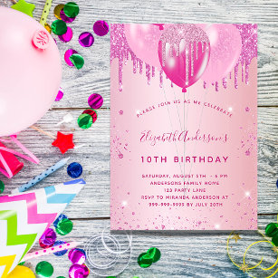 Convites Festa de aniversário cor-de-rosa com balões lumino