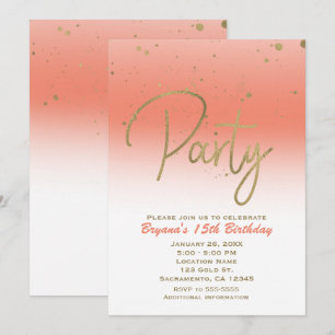 Convites Festa de Aniversário Coral e Dourado Moderno Glam 
