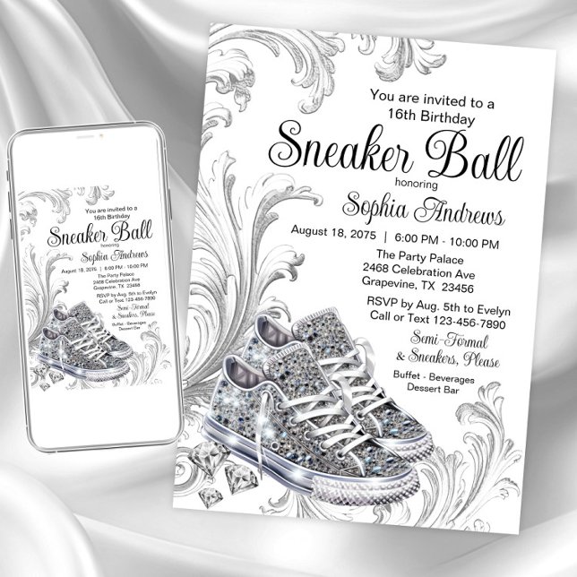 Convites Festa de Aniversário da Bola de Tênis Brilhante co (Diamond sneakers sneaker ball invitation. Available for instant download and print.)