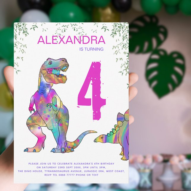Convites Festa de aniversário da Dinossaur Girl (Colorful dinosaur 4th birthday party invitation with modern pink typography )