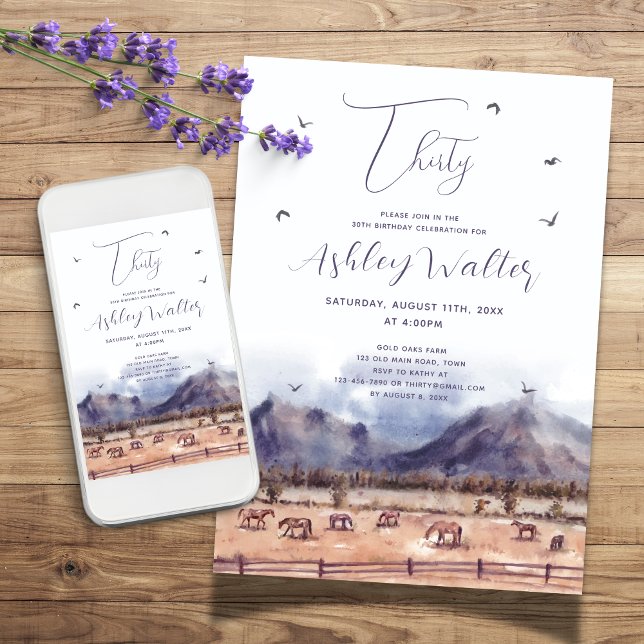 Convites Festa de aniversário da Etapa dos Cavalos (Landscape with horses birthday party invitation for any age)