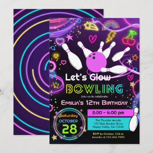 Convites Festa de Aniversário da Garota de Glow Bowling Neo