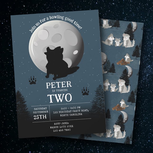 Convites Festa de Aniversário da Matilha de Lobos Fofos sob (Cute Wolf Pack Woodland Moon Howling Birthday Invitation)