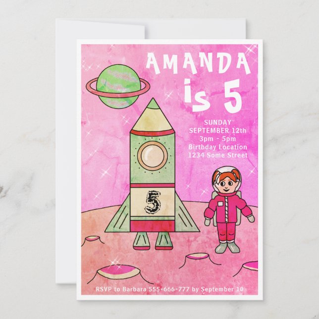 Convites Festa de Aniversário da Menina Astronauta com Fogu (Frente)
