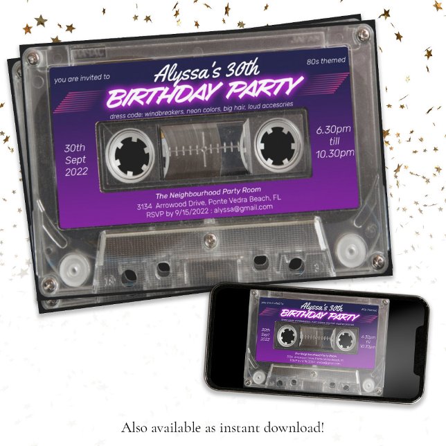 Convites Festa de aniversário da Mixtape de Cassete Pensada (Retro 80s Themed Cassette Mixtape Birthday Party Invitation)