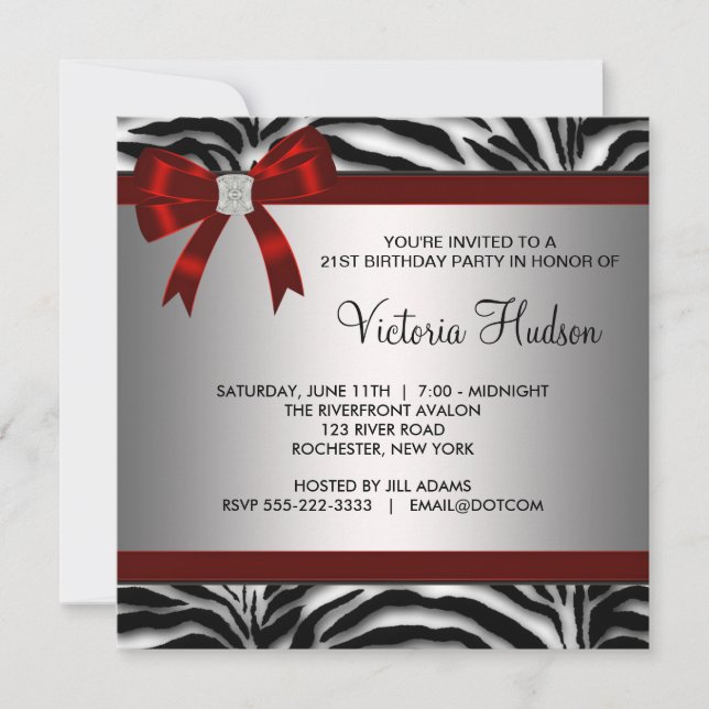 Convites Festa de Aniversário da Mulher Menina Zebra Vermel (Frente)