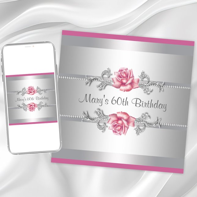 Convites Festa de Aniversário da Mulher Rosa Pink (Pink rose any birthday pr event invitation. Instant download and printed invitations available.)