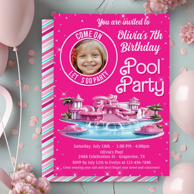 Convites Festa de aniversário da Piscina Doll Malibu (Cute Malibu doll pool party invitation with spot for photo. Any number - simply add your details.)