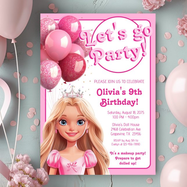 Convites Festa de Aniversário da Princesa Boneca de Moda (Cute pink princess doll any number birthday party invitation. )