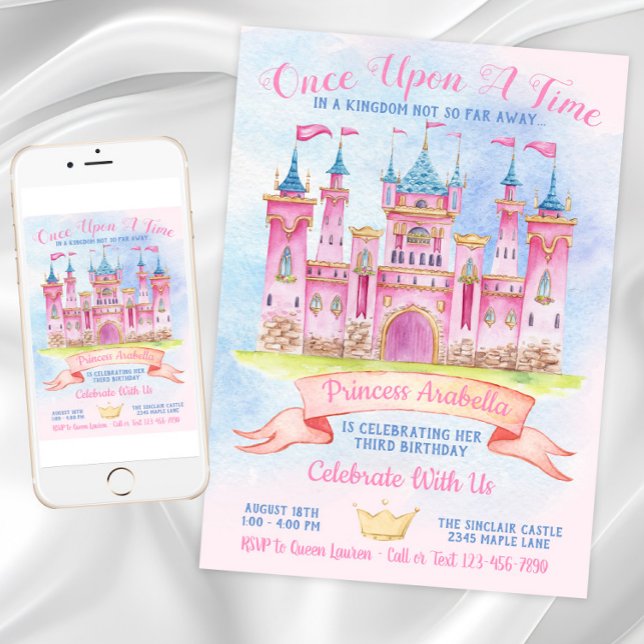 Convites Festa de Aniversário da Princesa Castelo Qualquer  (Princess Castle Any Number Princess Birthday Party Invitation. Digital download and print files.)