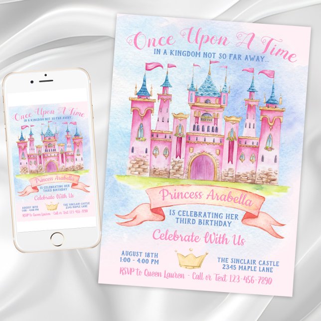 Convites Festa de Aniversário da Princesa Castelo Qualquer  (Princess Castle Any Number Princess Birthday Party Invitation. Download and printed invitations.)