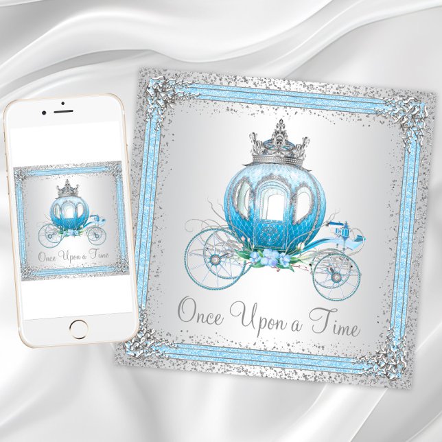 Convites Festa de Aniversário da Princesa Cinderela Azul (Cinderella Blue Princess Birthday Party Invitation with carriage. Digital and print available.)