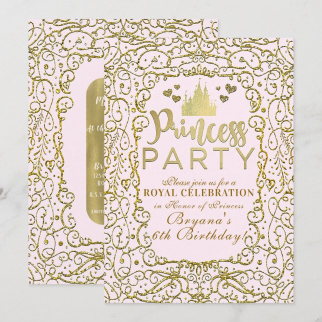 Convites Festa de Aniversário da Princesa do Castelo Rosa e (Frente/Verso)