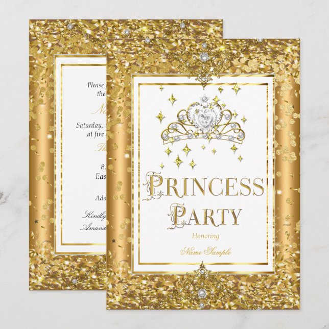 Convites Festa de Aniversário da Princesa Tiara com confete (Frente/Verso)