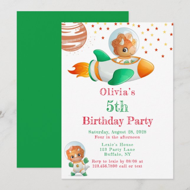 Convites Festa de aniversário da Rapariga do Dinossauro Ast (Frente/Verso)